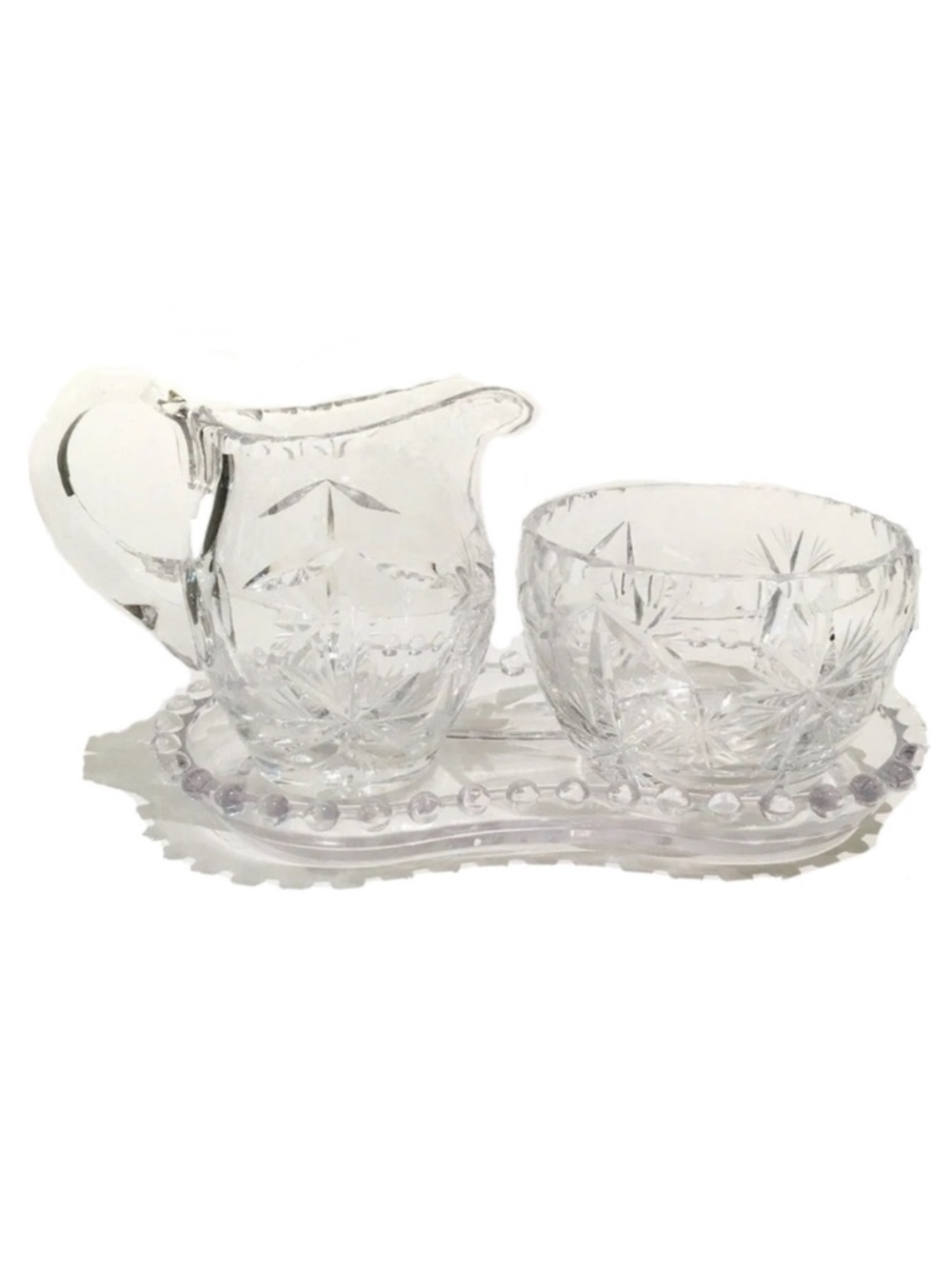 Vintage Carved Crystal Creamer Sugar Bowl and Tray Set Stars Flower Glassware